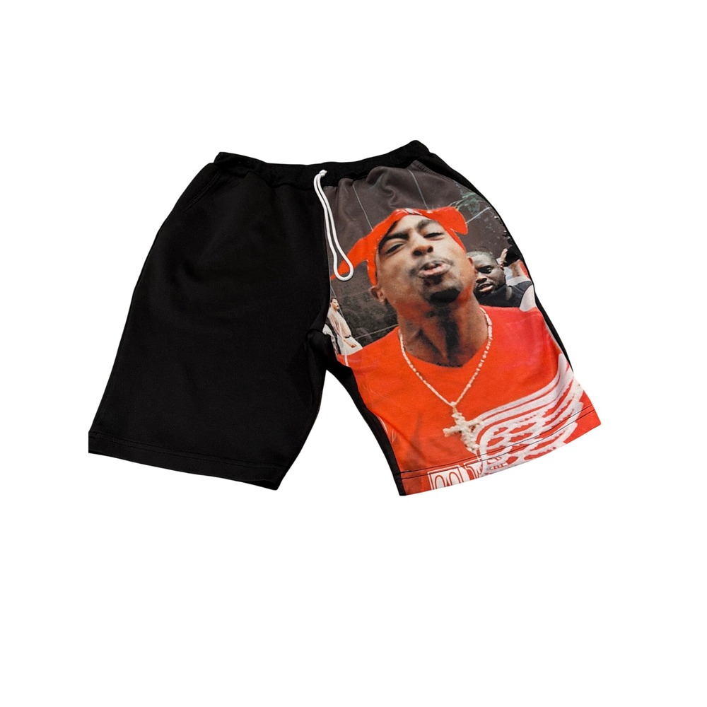 King Mens 2Pac Tupac Shakur Graphic Shorts Black Red Hip Hop Streetwear Size M